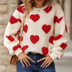 Cozy fuzzy hearts sweatshirt red